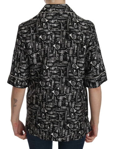Black Musical Instrument Print Silk Top