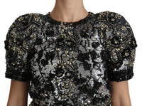 Black Sequined Crystal Embellished Top Blouse