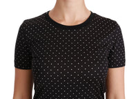Black Dotted Crewneck Cotton Top T-shirt