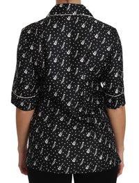Black GuitarTrumpet Print Silk Shirt Top