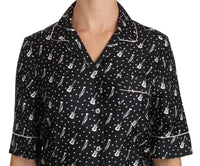Black GuitarTrumpet Print Silk Shirt Top
